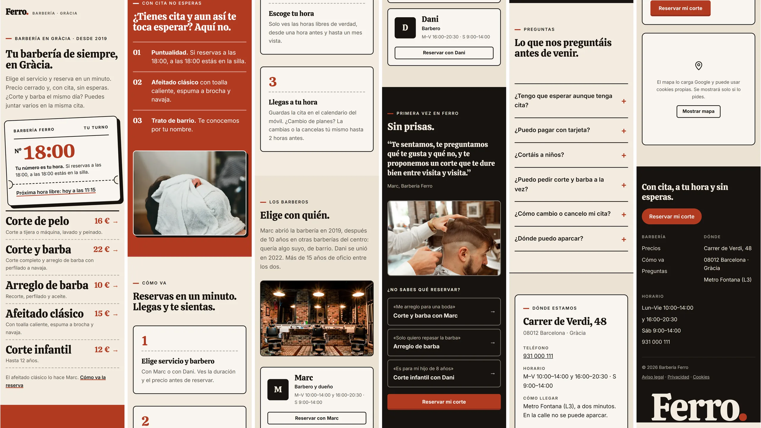 Web de demostración de Barbería Ferro vista en el móvil, de principio a fin