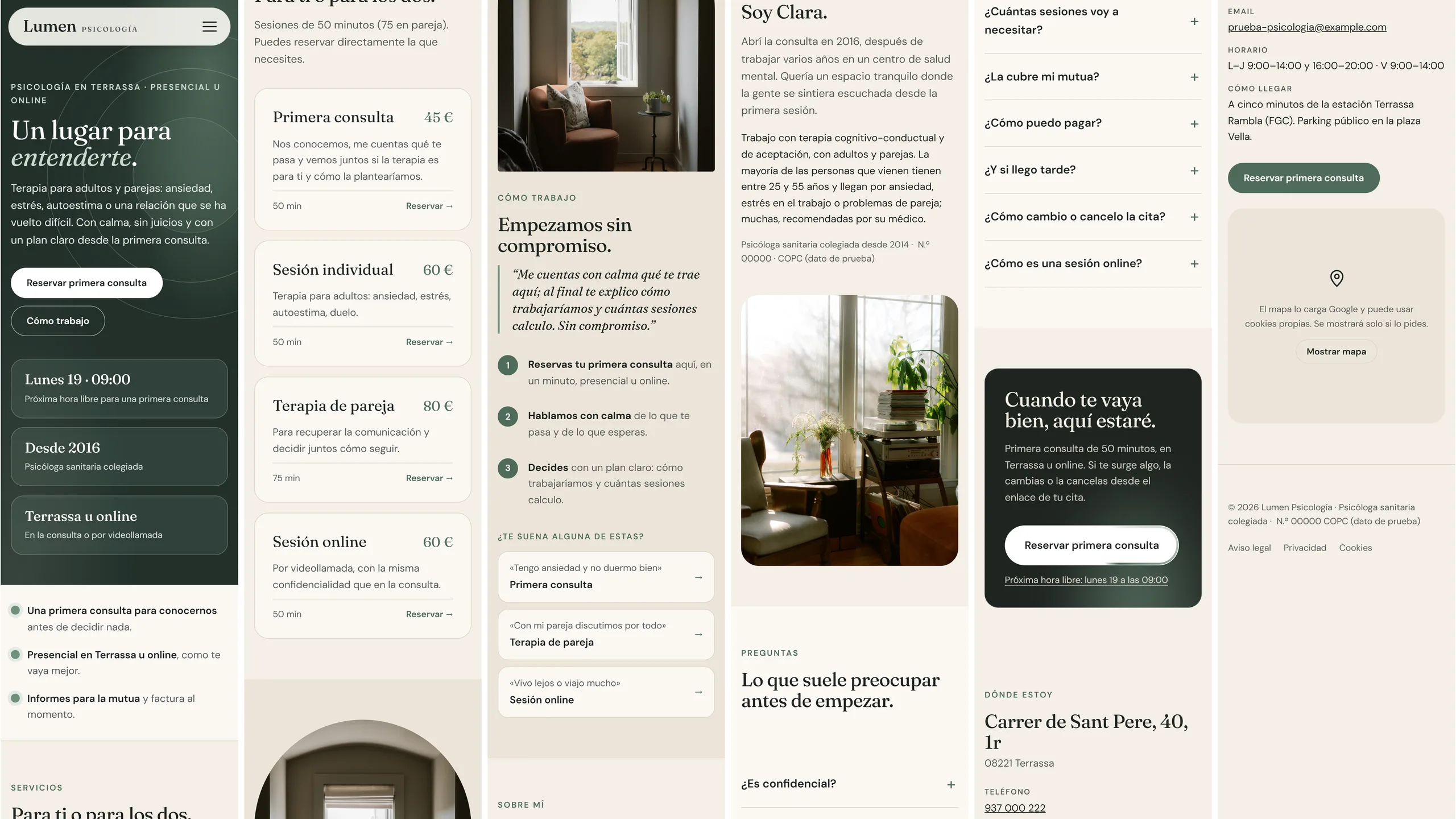 Web de demostración de Lumen Psicología vista en el móvil, de principio a fin
