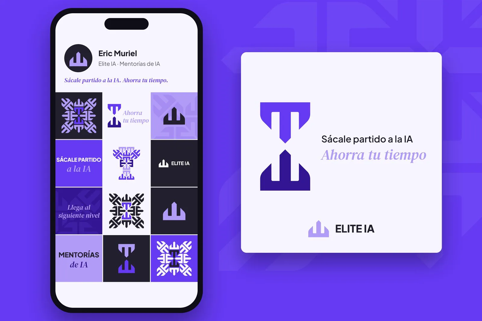 Perfil de Instagram y publicación de Elite IA en violeta