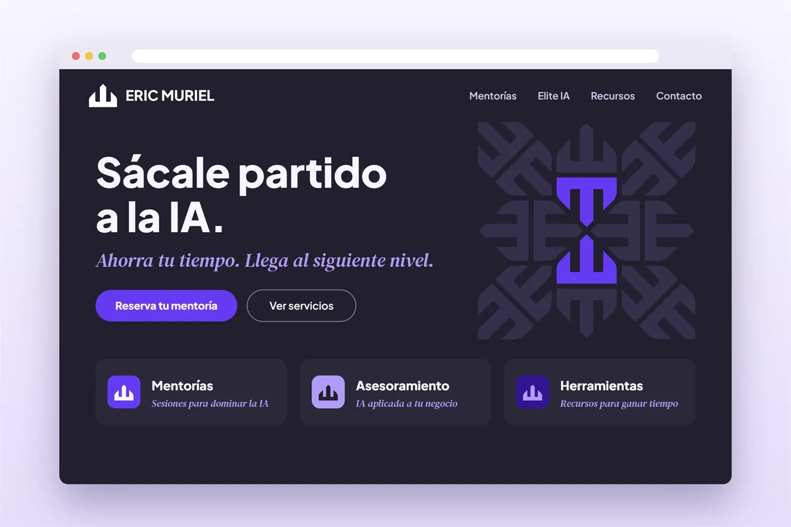 Propuesta de web de Eric Muriel con el titular «Sácale partido a la IA»