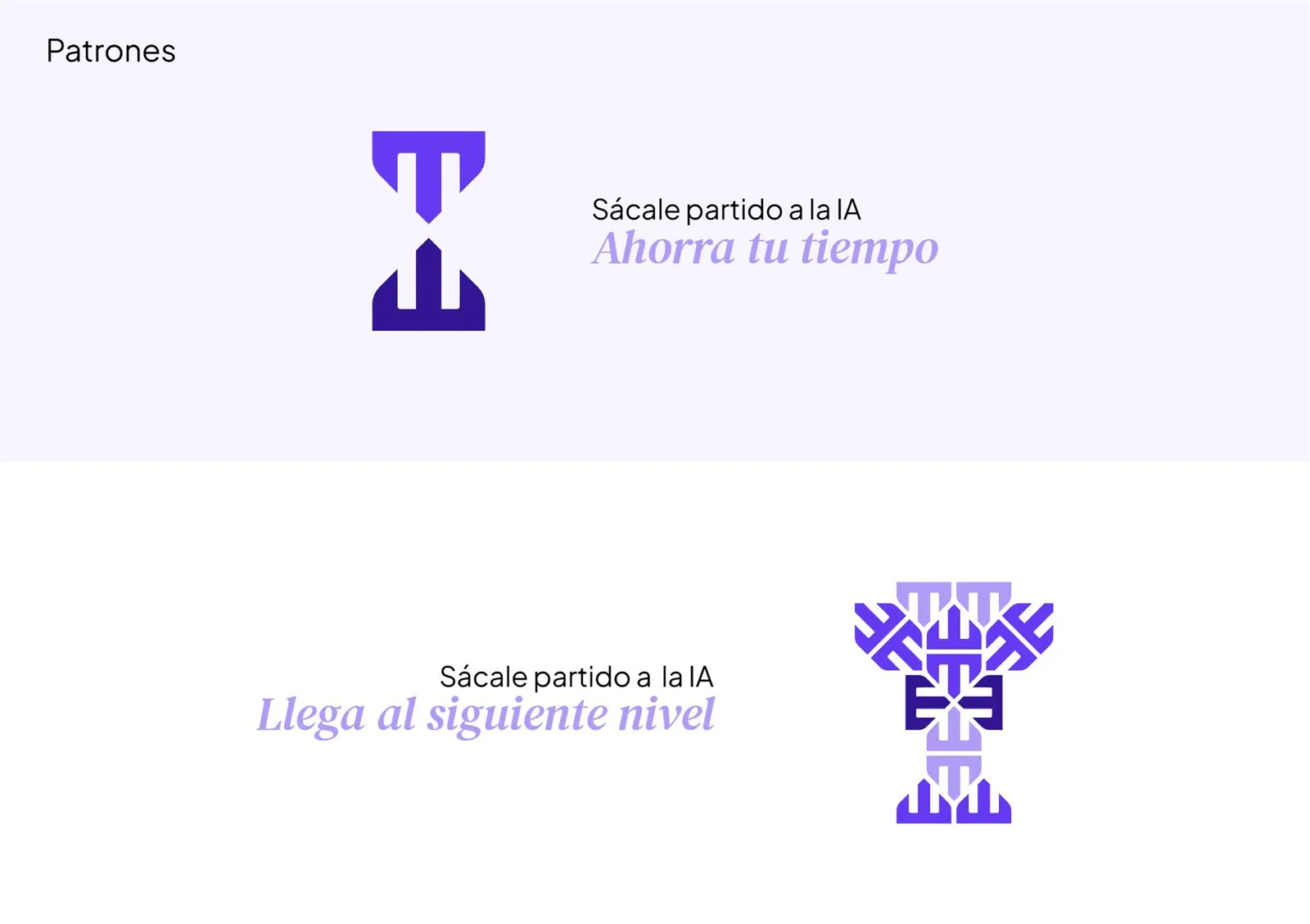 Módulos del patrón con los mensajes «Ahorra tu tiempo» y «Llega al siguiente nivel»