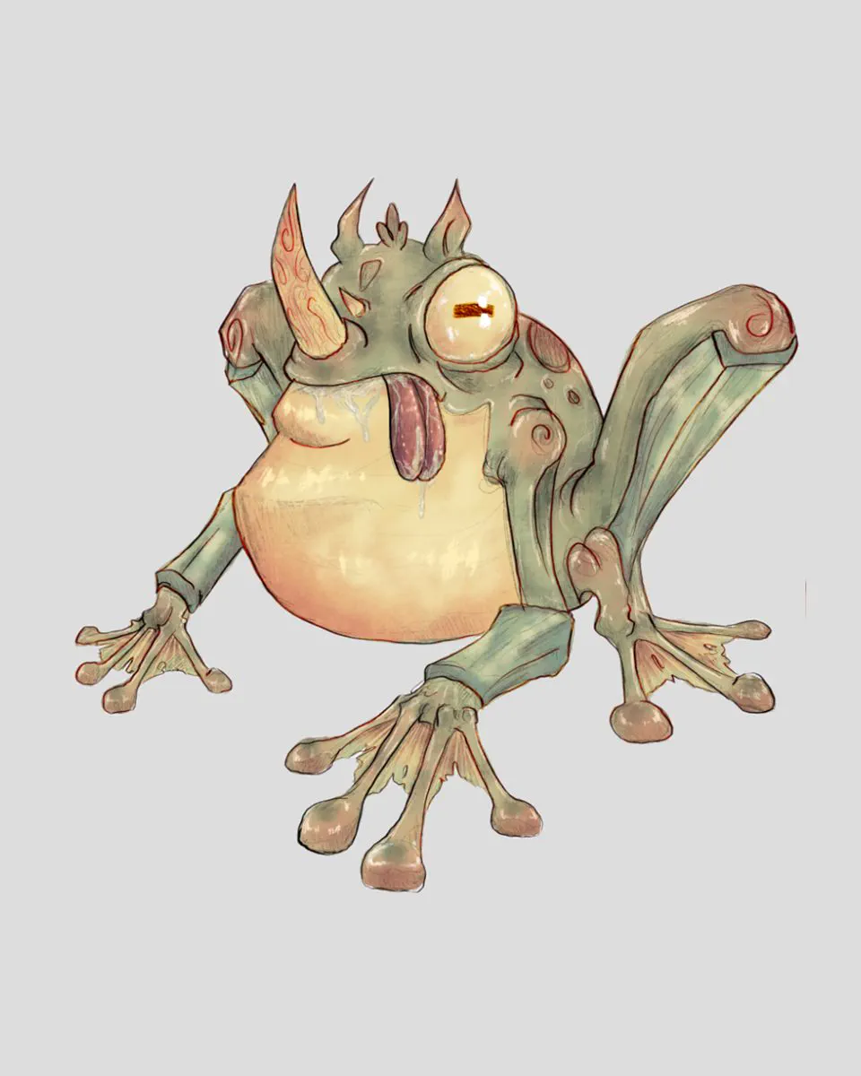 Ilustración de una rana con cuernos y la lengua fuera