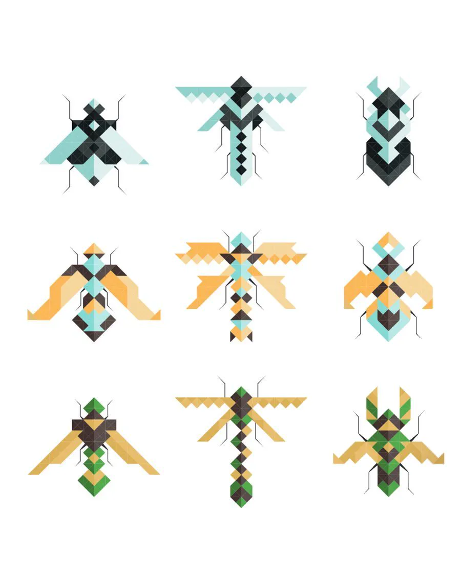 Serie de insectos geométricos en turquesa, naranja, verde y negro
