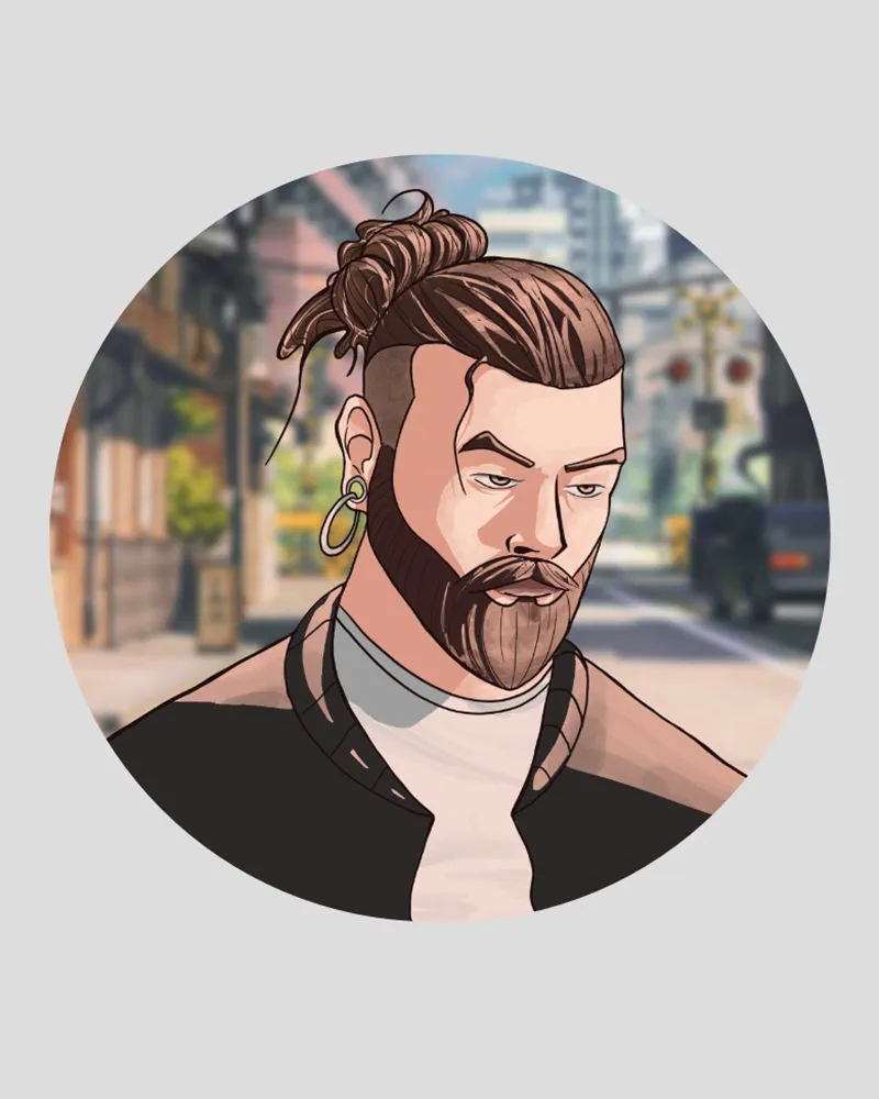 Retrato ilustrado de un hombre con barba y moño en una calle