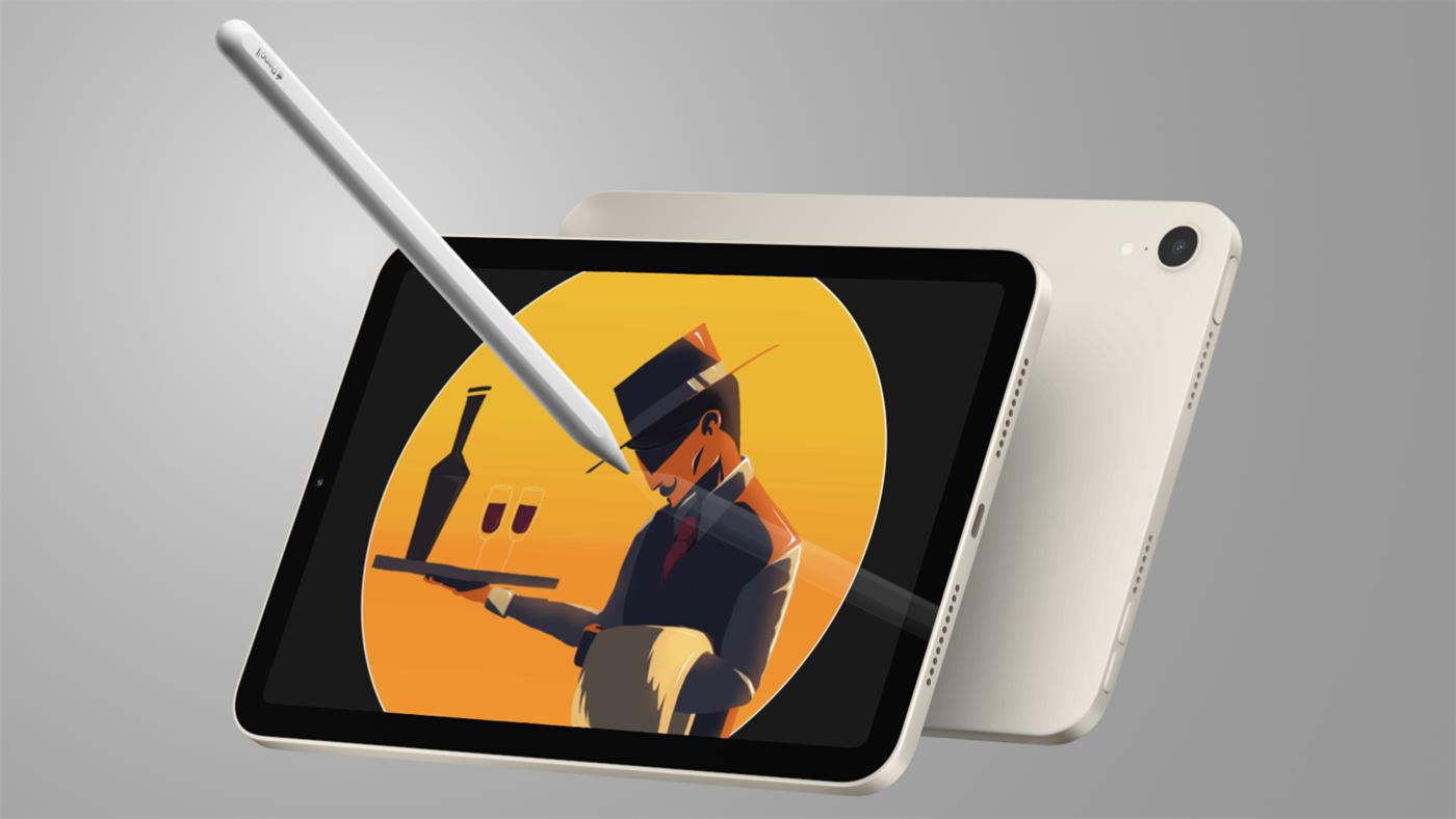 Illustration of a waiter in a hat on an orange background, shown on a tablet