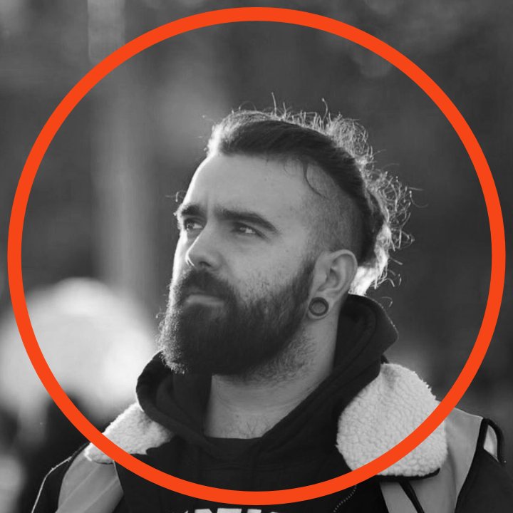 Black and white portrait of Raúl Buch inside an orange circle