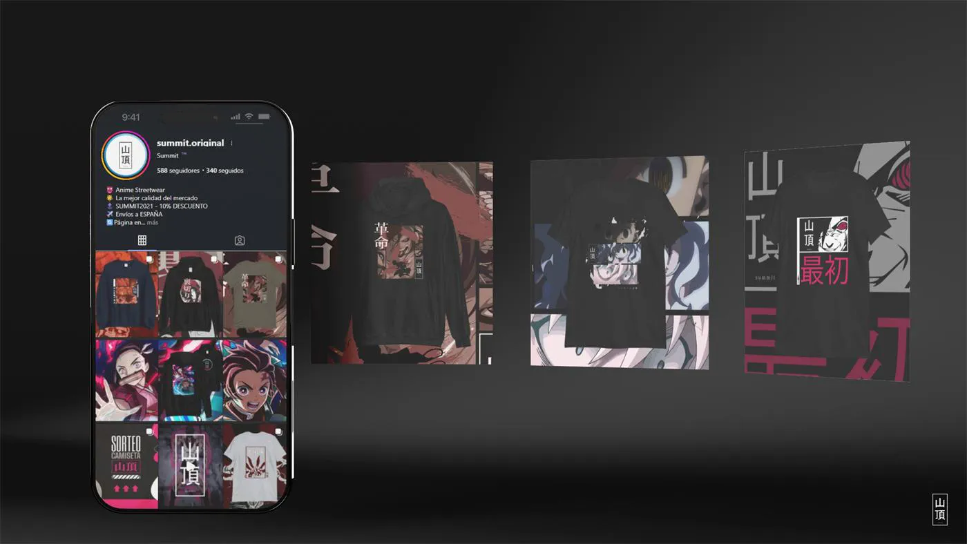 Perfil de Instagram de Summit en un móvil junto a publicaciones de producto