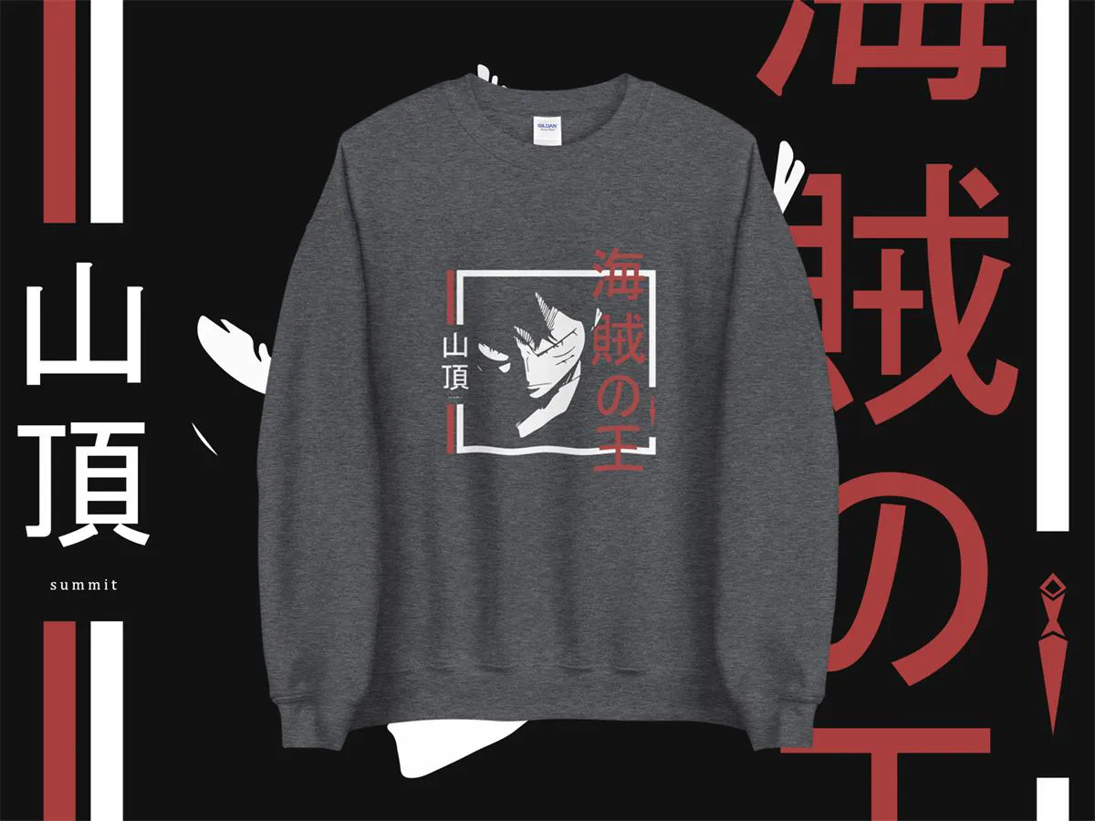 Sudadera gris con diseño de anime en un marco rojo