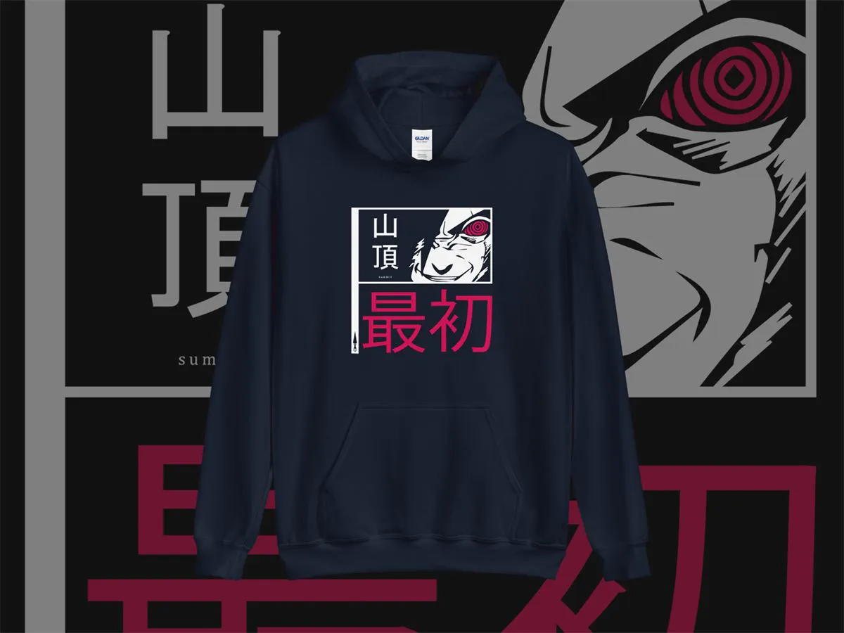 Sudadera azul marino con diseño de anime y el texto 最初