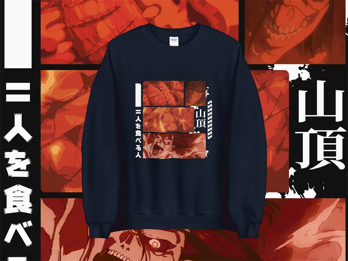 Sudadera azul marino con ilustración de anime en tonos rojos