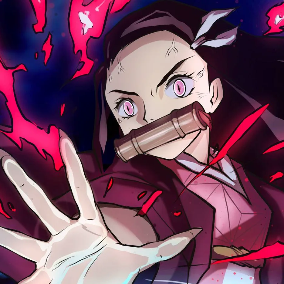 Ilustración de anime de una chica con un bambú en la boca sobre llamas rosas