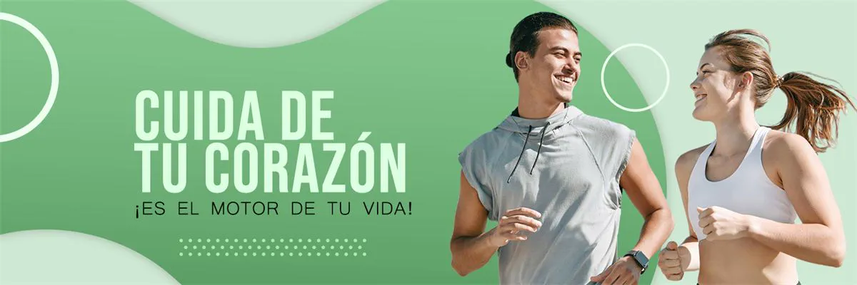 Banner «Cuida de tu corazón» con una pareja corriendo