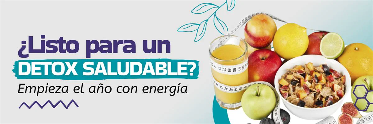 Banner «¿Listo para un detox saludable?» con fruta y zumo