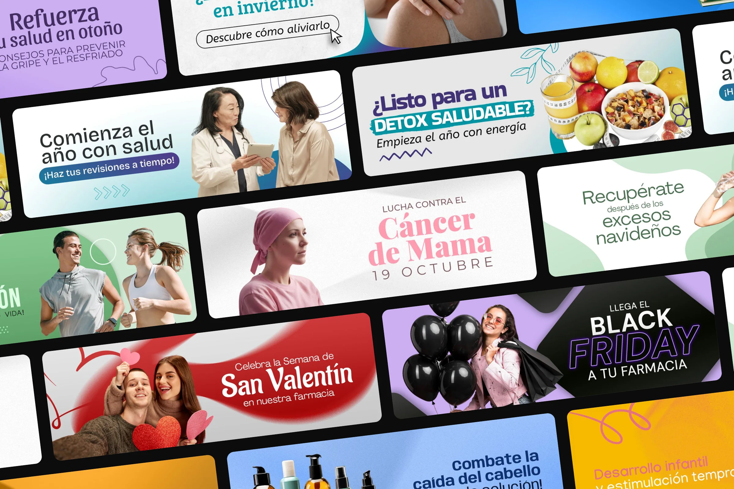 Mural de banners de campañas para farmacias: Black Friday, San Valentín, Vuelta al cole y más