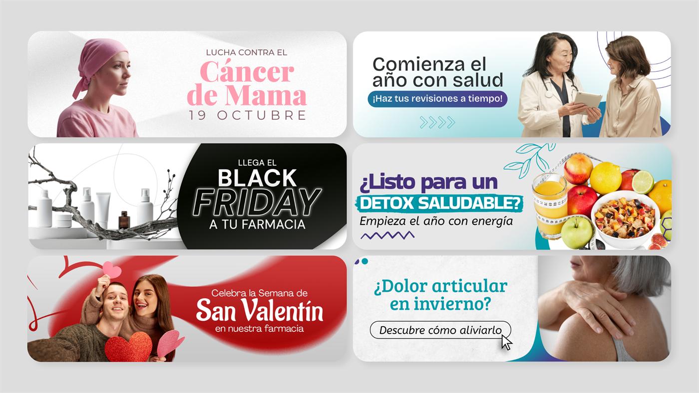 Six pharmacy campaign banners: Breast Cancer, Black Friday, Valentine’s Day and more